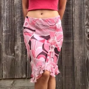 y2k pink midi skirt 💗 ruffles, low rise, n psychedelic graphic pattern!